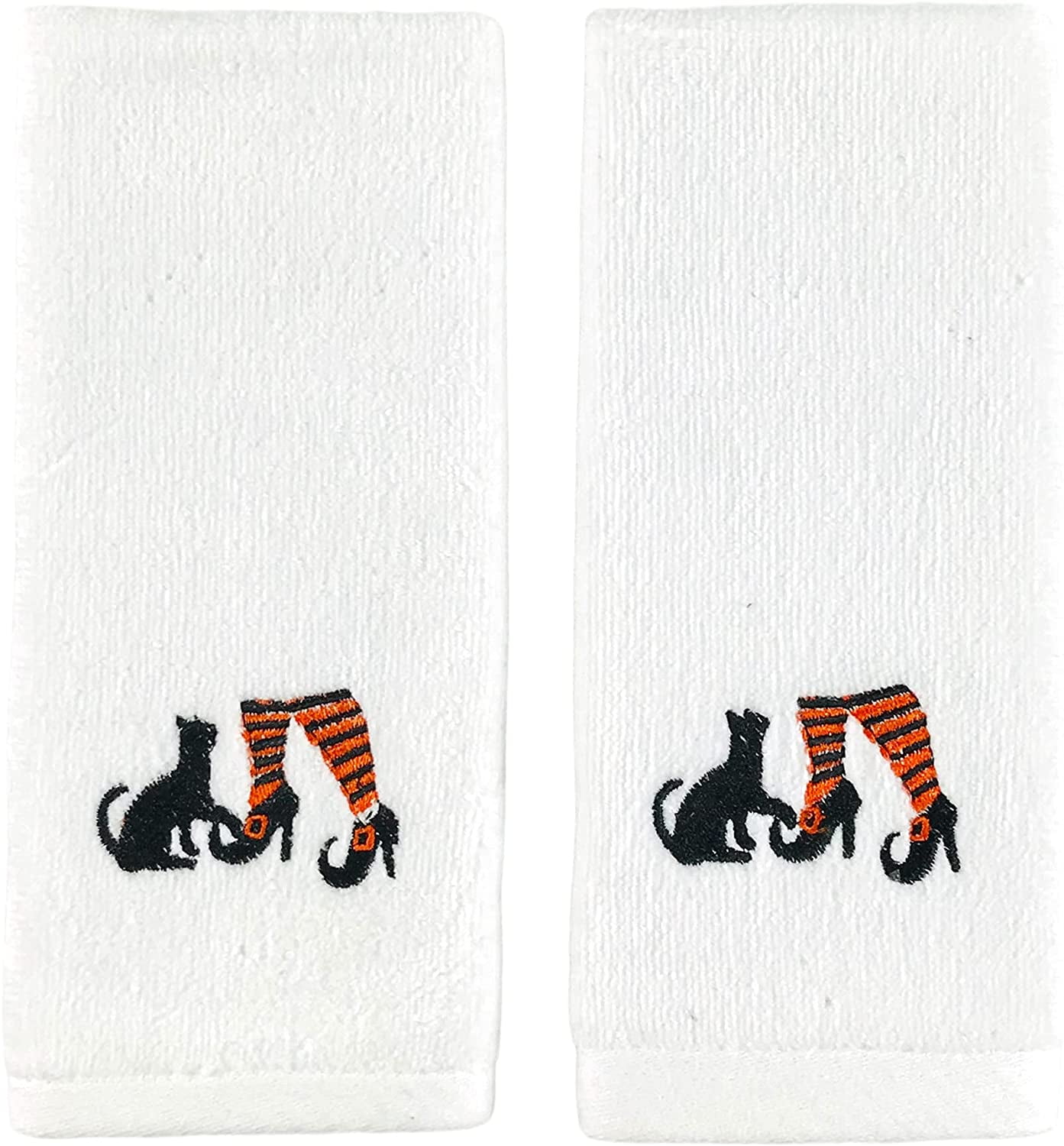 Decorative Halloween Fingertip Towels: Plush White Embroidered Cotton Witch Shoes with Cat Design, 2 Piece Set, 11' x 18' Inch Each (White)