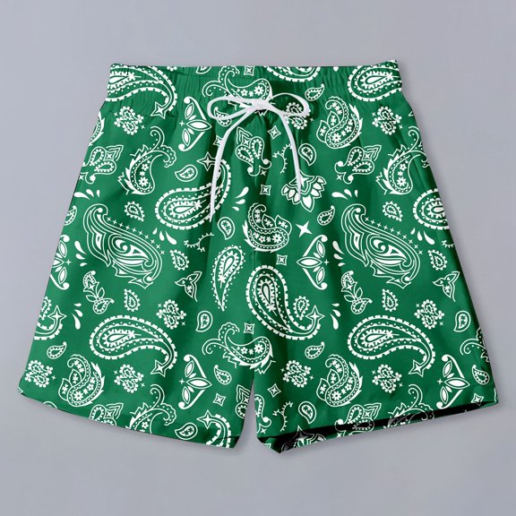 HOWPAY Swim Trunks Men Summer Hawaiian Print Quick Dry Elastic Waist Drawstring Beach Shorts with Pockets Casual Loose Fit Bathing Suit Dark Green L
