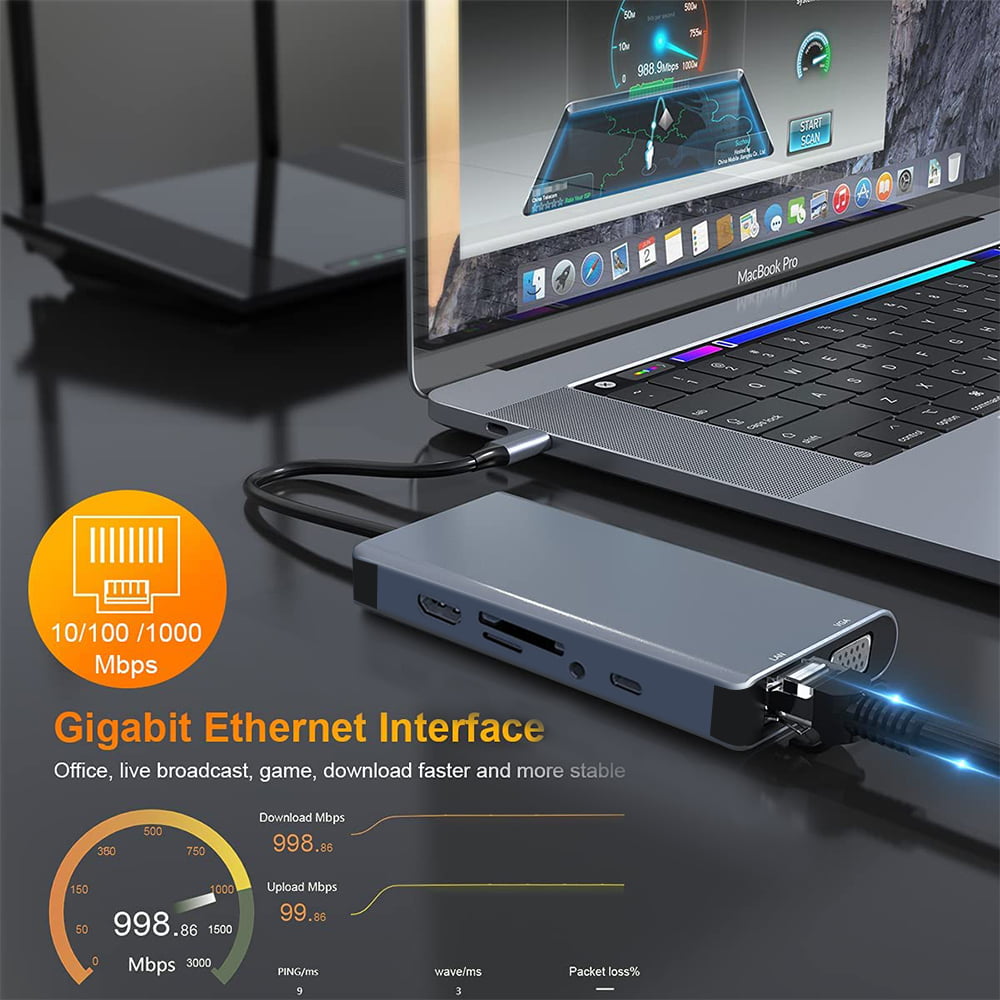 USB C Hub,Type C Hub,10 in 1 Adapter with 1000M RJ45 Ethernet, 4K HDMI,  VGA, USB 3.1 Ports, PD 2.0 Charging Port, Card Reader, Audio Mic Por for  MacBook Pro,Chromebook 