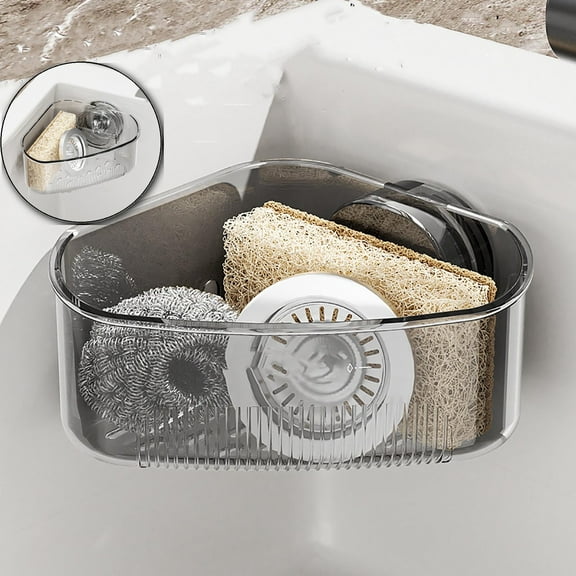 Suction Cup Sink Corner Rack – Clear Kitchen Sink Organizer with Drain Holes for Sponge, Brush & Scrubber – Transparent Storage Caddy for Bathroom & Kitchen
