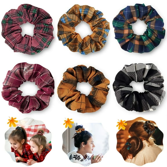 6PCS Fall Plaid Hair Scrunchies, Christmas Thanksgiving Hair Tie, Elastic Plaid Fabric Hair Bands Multi Colors Check Hair Ties for Girls Women Hair Accessories