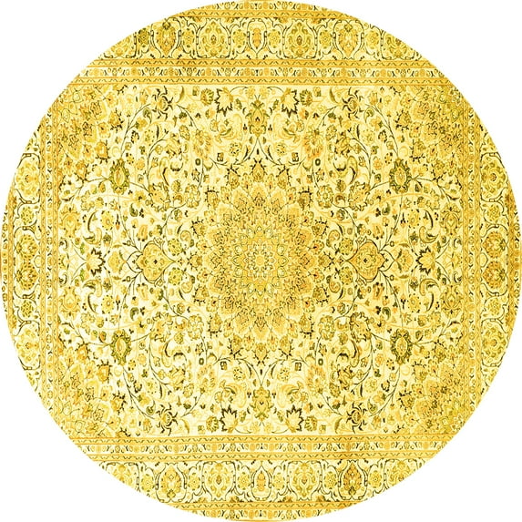 Ahgly Company Machine Washable Indoor Round Medallion Yellow Traditional Area Rugs, 5' Round