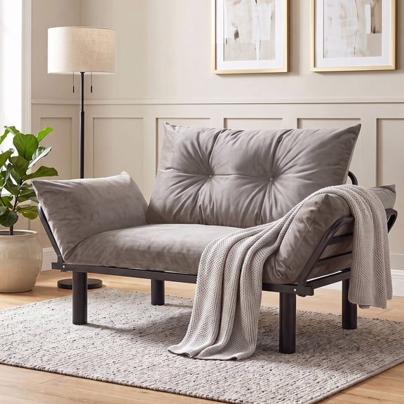 OMNIBERG Folding Velvet Loveseat Sofa Couch with Thick Mattress and Pillow, Small Love Seat Couch wiht Armrests for Compact Space, Living Room, Apartment, Grey