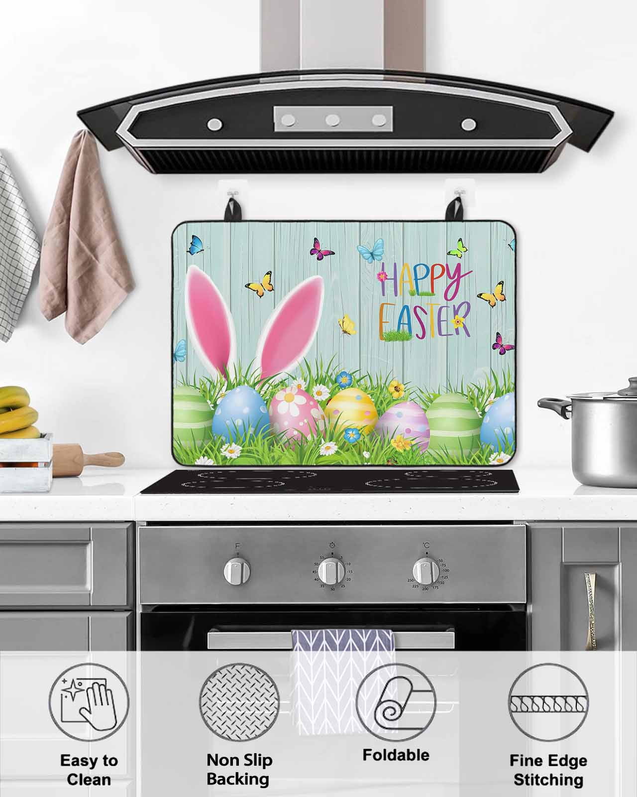 Large Induction Cooktop Protector Mat Easter Stove Top Covers for Electric Stove, Spring Easter Eggs Bunny Butterflies Wooden Grain Decorative Stove Burner Cover Mats, Glass Top Stove Cover