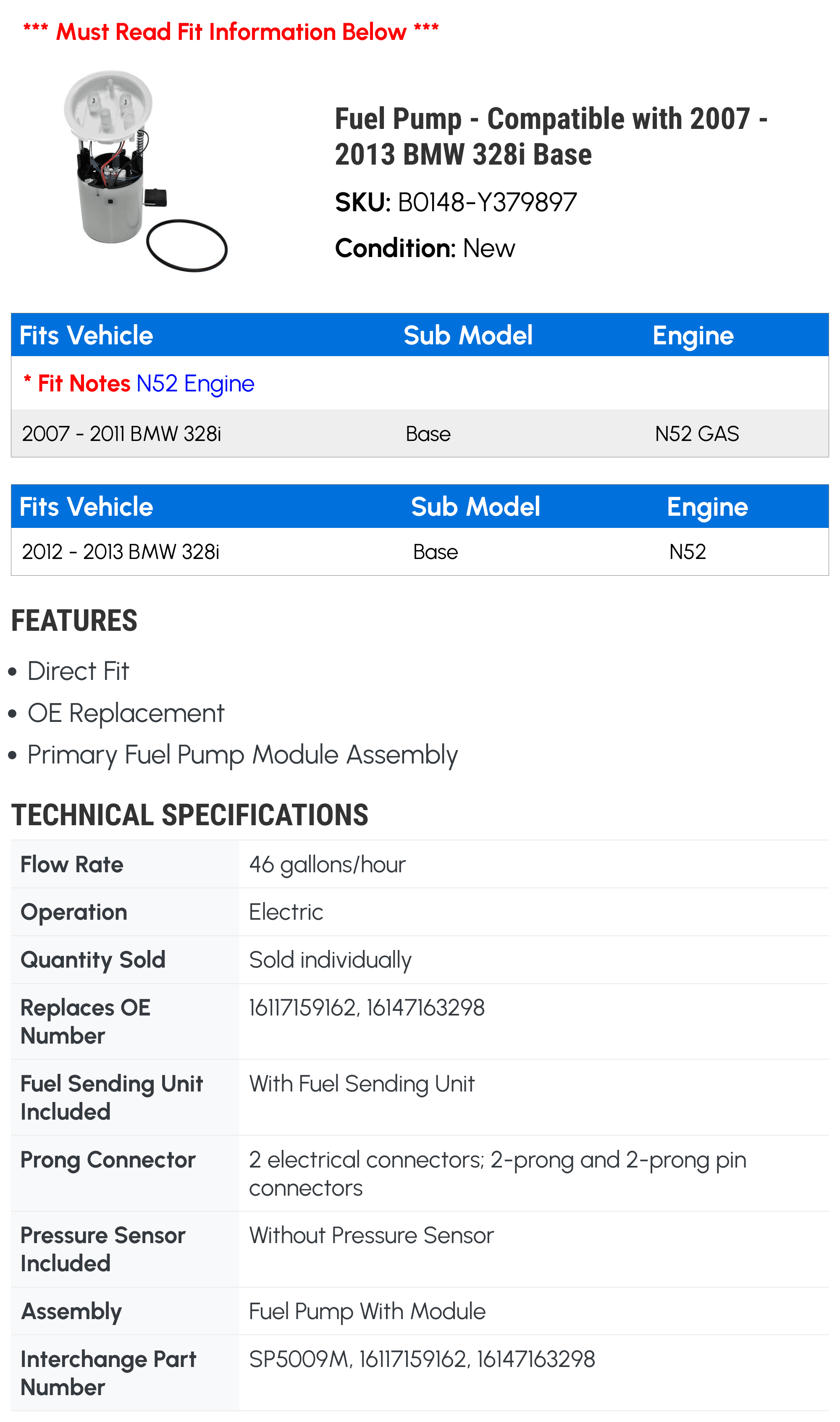 Fuel Pump - Compatible with 2007 - 2013 BMW 328i Base - DriveMotive