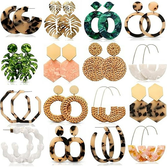 16 Pairs Boho Earrings for Women, Fashion Jewelry Acrylic Rattan Statement Earrings Set