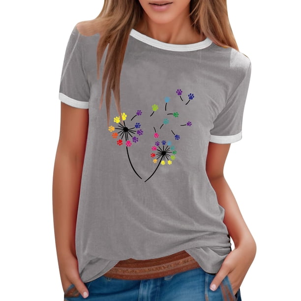 Gibobby Camisetas Mujer Manga Corta Camiseta informal manga corta con cuello redondo y cuello redondo para mujer(Gris,M)