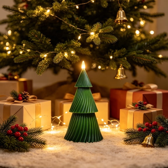 Twisted Christmas Tree Flameless LED Candle, Ribbed Green Paraffin Wax, 7 x 3.34 x 3.34 in, Uses 2 AAA Batteries