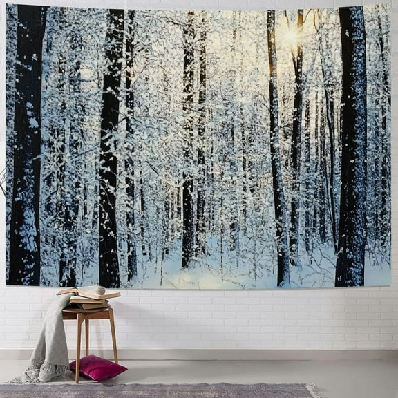 Fenyluxe Winter Tapestry, Snow Covered Forest Idyllic Early Morning Scenery Seasonal Xmas Nature, Wall Hanging for Bedroom Living Room Dorm Decor,Black White Slate Blue 40x30inch