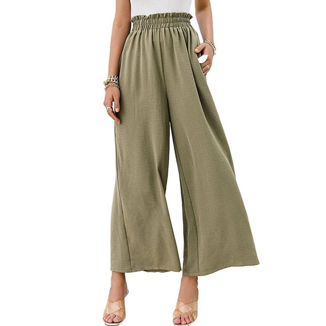 Pantalones palazzo informales de pierna ancha para mujer, pantalones de salón ahumados de cintura alta con bolsillosS-XXXL (verde)