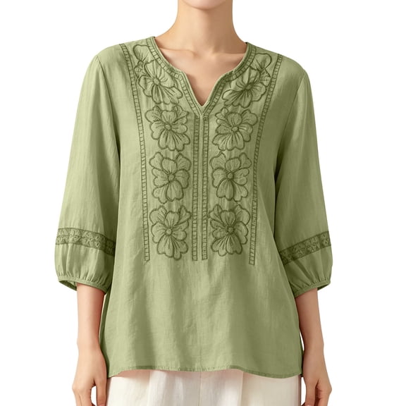 Yigetop Women's Notch V Neck Linen Blouse 3/4 Puff Sleeve Print Loose Fit Lightweight Casual Summer Shirt Green L