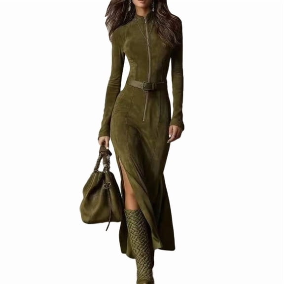 Katigan Women'S Western Suede Long Dress Fall Long Sleeve Zip Up Bodycon Slim Fit Dresses Army Green L