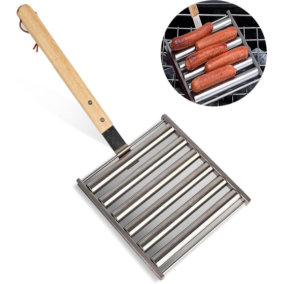 AISLE 3 ESSENTIALS Stainless Steel Hot Dog Roller Rack with Premium Wood Handle Hot Dog Roller Grill, 5 Hot Dog Capacity, Grills Evenly | Great for BBQ and Outdoor Grilling…