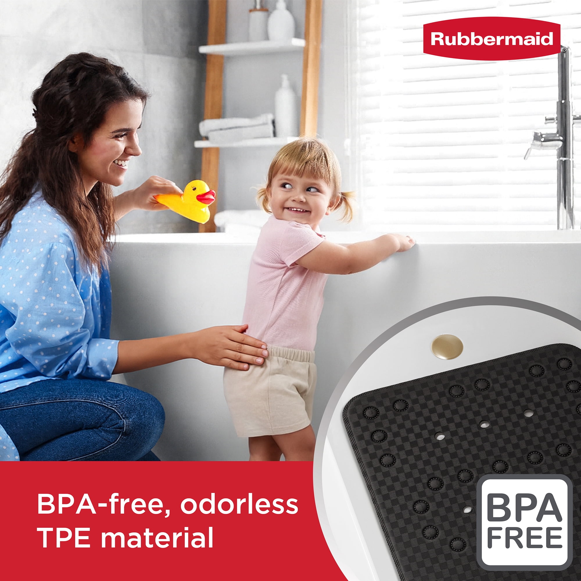 Rubbermaid Soft Foam Tub Mat, Non-Slip Bath Mat with Quick-Drain Holes, BPA-Free TPE, 35.88" x 17", Black