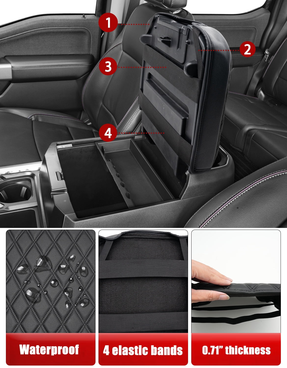 KBH Center Console Cover for Ford F250 F350 F450 F550 Super Duty 2023-2026, Black Leather Arm Rest Lid Box Covering Cushion Pad for Ford Accessories (Bucket Seat Only)