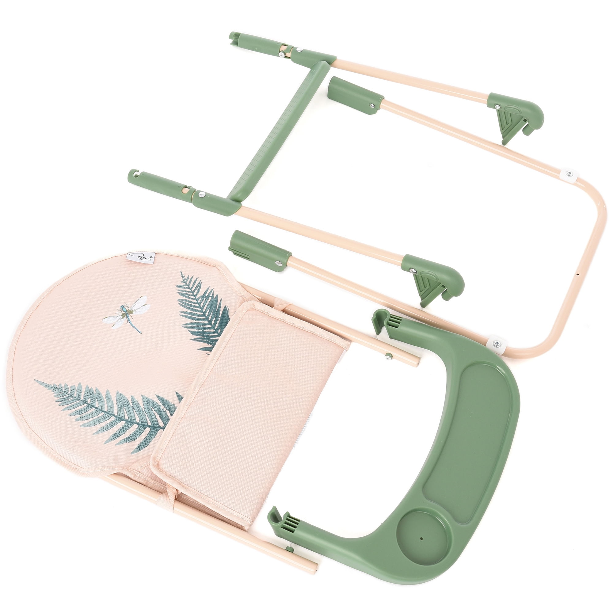 Roma Prams: RHS Doll Highchair - Fern - Cream & Green, Feeding Tray, Fabric Seat, Accessory For Dolls Up To 16.5", Easy Storage, Roleplay Toy Kids 3+