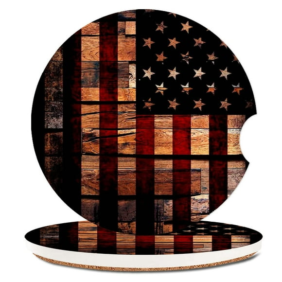 Old Wood USA Flag Absorbent Cup Holders Car Coasters,Ceramic Stone Drinks Coaster Set for Women Man 2.56"(2 Pack)