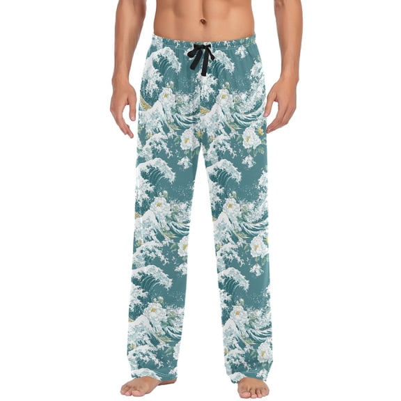 Men's Lightweight Pajama Bottoms Blue and White Ocean Wave Stretch Elastic Waist Side Pockets Spring Fall