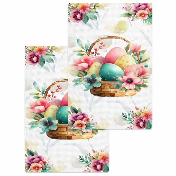 Easter Eggs Kitchen Dish Towels for Drying Dishes Set of 2, Yellow Floral Basket Leaves Rustic Botanical Waffle Weave Microfiber Hand Tea Bathroom Towels Quick Dry & Absorbent Towel 15.7x23.6
