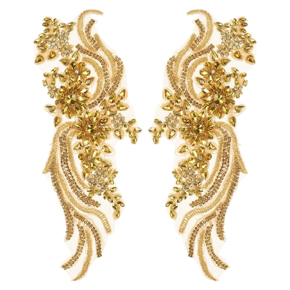 Uxcell 1 Pair Handmade Rhinestone Applique Patch, 14" x 5" Beaded Embroidery Sequin Patches for Sew on Wedding Dress Cloth DIY Crafts Decoration, Gold