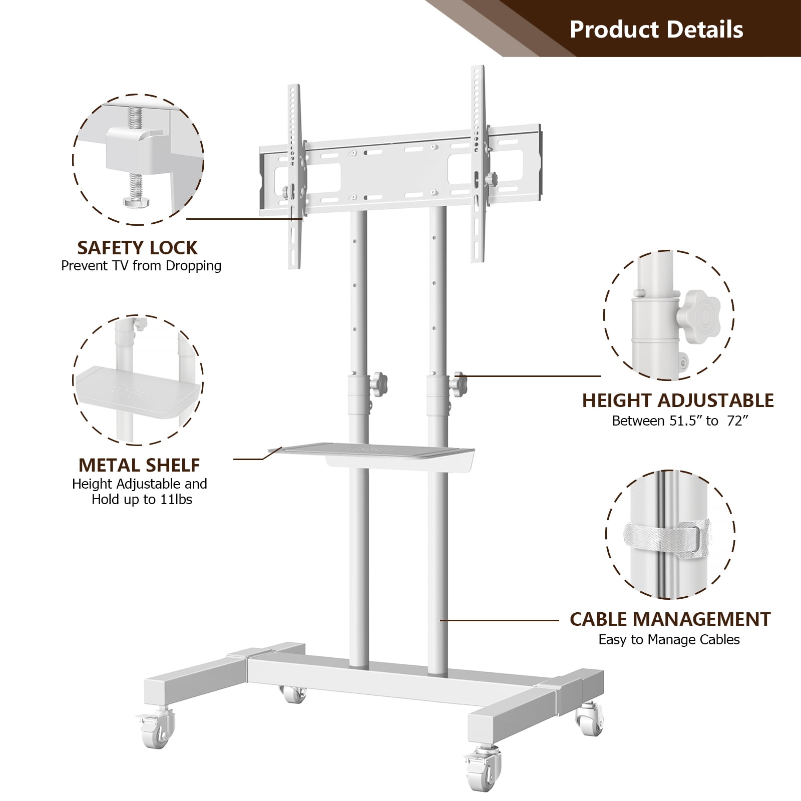 Mobile Rolling TV Stand with Laptop Shelf for 32-83 Inch TVs, Height Adjustable TV Cart with ±15° Tilt, Lockable Wheels,White