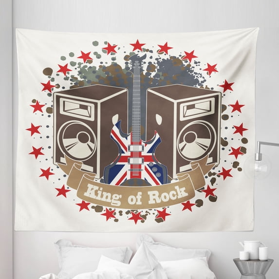 Popstar Party Tapestry, King Rock Emblem with Speakers Stars and Electric Guitar with British Flag, Fabric Wall Hanging Decor for Bedroom Living Room Dorm, 5 Sizes, Multicolor, by Ambesonne