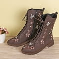 thumbnail image 2 of Leozcaa Combat Boots for Women Ethnic Vintage Flower Lace Up Leather Chunky Block Mid Heels Ankle Booties, 2 of 4