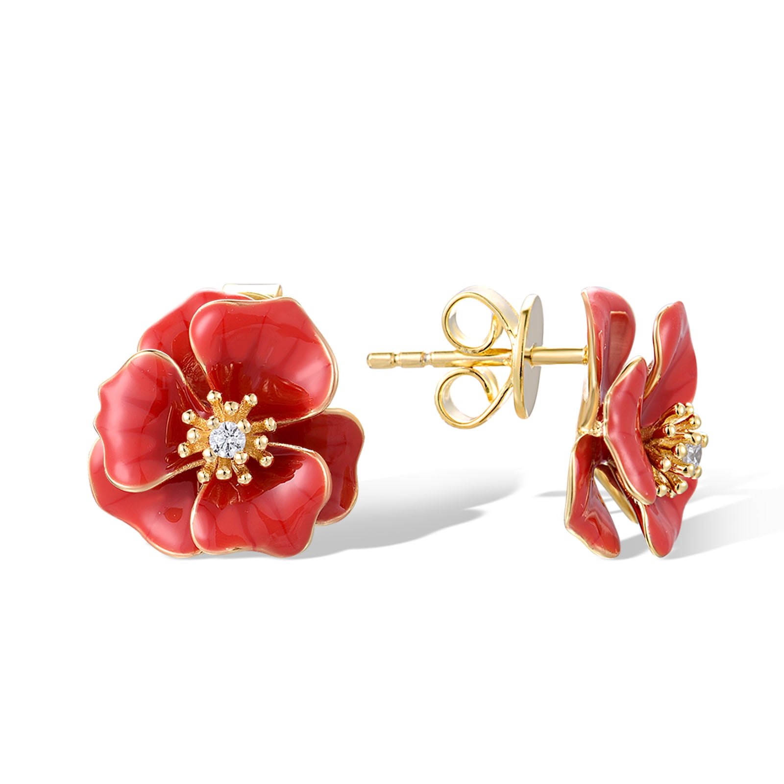 Santuzza Peony Earrings 925 Sterling Silver White Cubic Zirconia Enamel Red Flower Stud Earrings for Women