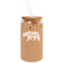 16oz Can Shaped Glass Iced Coffee Cup with Bamboo Lid and Straw Gift Mama Bear Mom Mother
