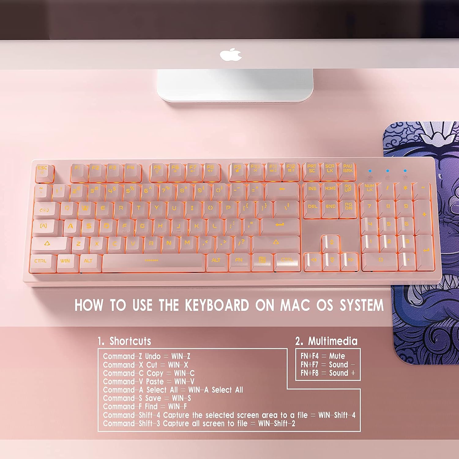 Mechanical Keyboard with 7-color LED Backlight, 104-key Silent and Silent Keyboard, 19-key Anti-ghosting, Cheap Gaming Keyboard, Mechanical Touch, Waterproof Wired USB, Suitable for Computers, Macs