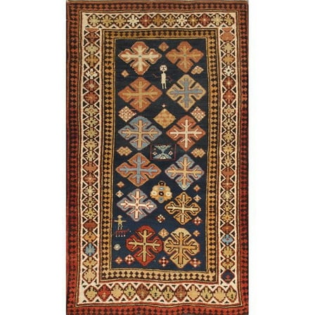 Pasargad Home Antique Kazak Collection Navy Lamb's Wool Area Rug- 2' 8" X 4' 8"