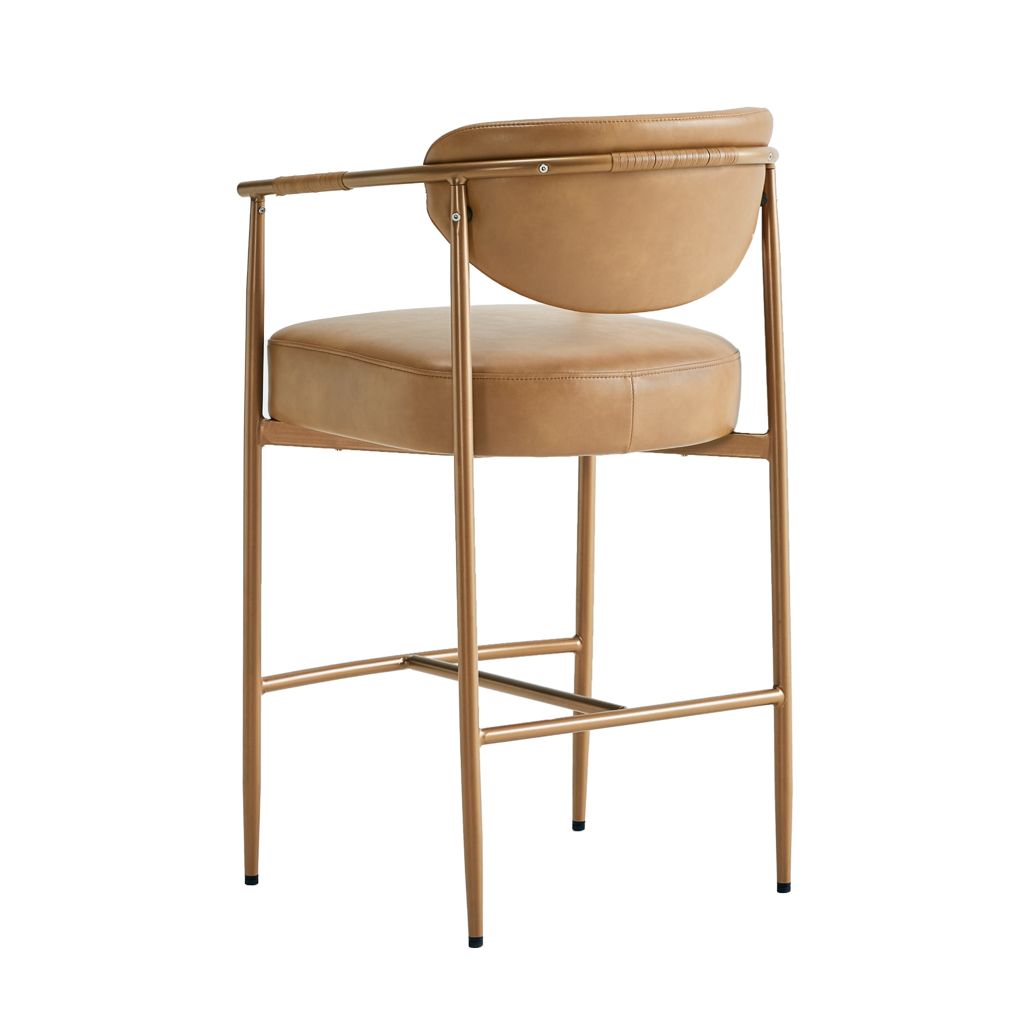 Spruce & Spring Modern Counter Bar Stool with Woven Strap Arms & Gold Metal Frame Set of 2, Brown with Gold Frame