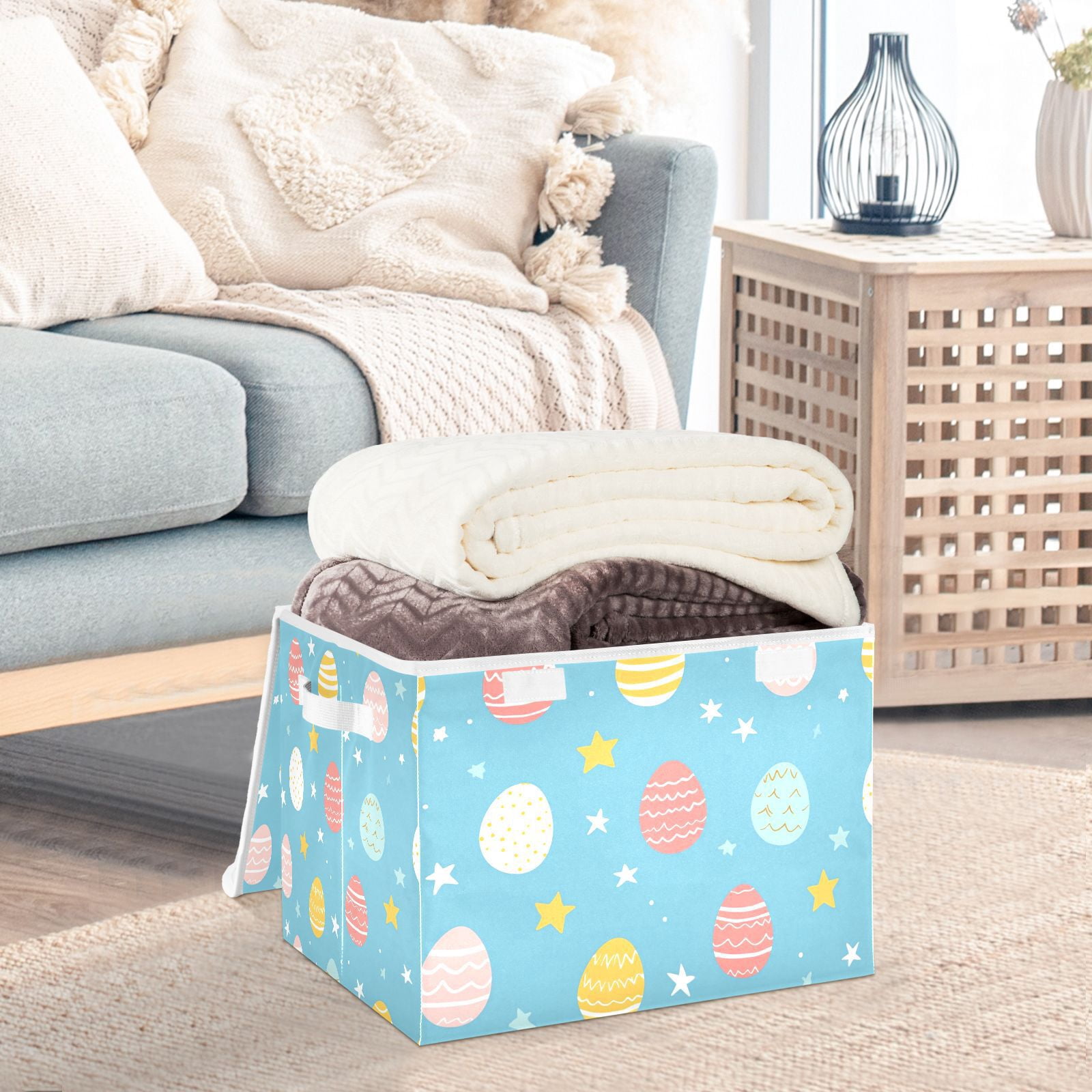 Easter Eggs Storage Basket for Shelves Foldable Container Organizer for Organizing Toys Clothes Books with Handles