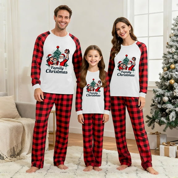 Mifsaly Matching Family Christmas Pajamas Set Pjs 2 Piece Cute Xmas Santa Loose Pullover Sleepwear Holidays Raglan Long Sleeve Nightwear Baggy Plaid Sleep Pants 2025 Festival Trendy Loungewear