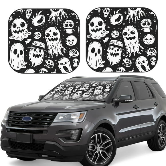 Saiise Black White Spooky Ghosts for Foldable Car Sun Shades (2-Pack) Offer Sun Protection with an Easy-fold Design for Convenient Windshield Shading-Large