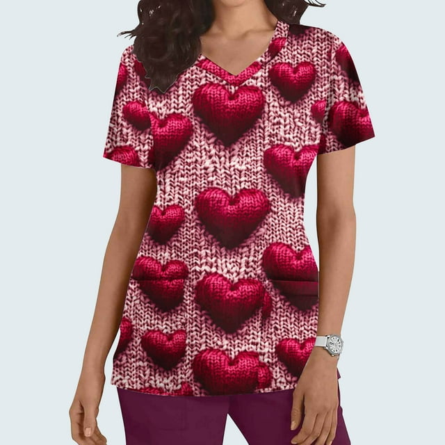 Soki Tuniques d'Infirmière pour Femmes Décontractées à Col en V, Imprimé Graphique de la Saint-Valentin, Manches Courtes, avec Poche