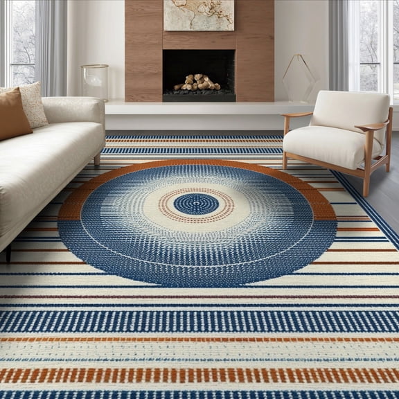 ODIKA 8'x10' Washable Area Rug Non-Shedding, Easy Care, Entrance Abstract Vinyl Record Inspired Concentric Entryway Circle for King Size Bedroom Under Bed, Master Suite