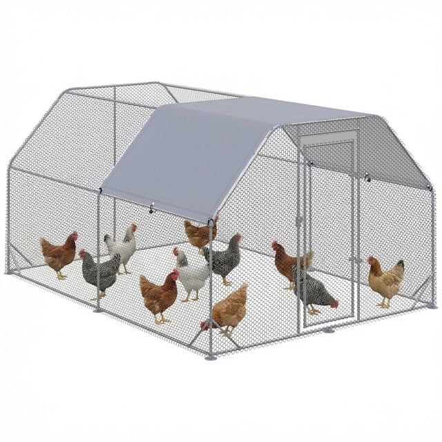 PawHut Metal Chicken Coop for 10-12 Chickens, Walk In Chicken Run with Roof