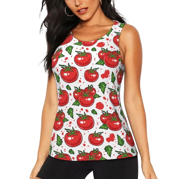 Balery Hand Drawn Tomatoes Camiseta sin mangas estampada ligera para mujer, tops de entrenamiento sin mangas, camisetas de yoga transpirables de secado rápido.-Medium