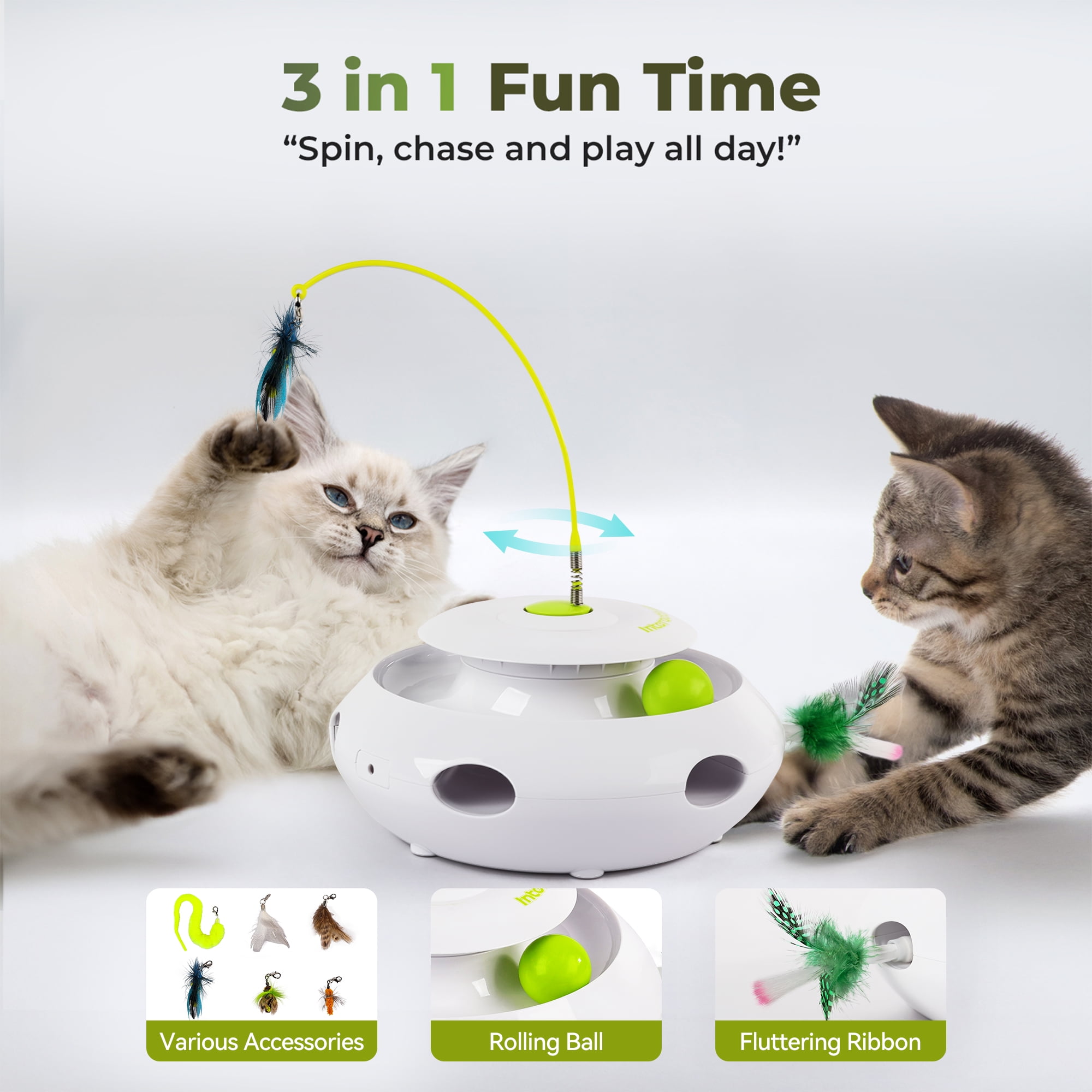 All For Paws 3-in-1 Interactive Flutter Bug Cat Toy with Poping Feather,Automatic Whack-a-Mole Kitty Toy, Spinning Kitty Teaser Toys