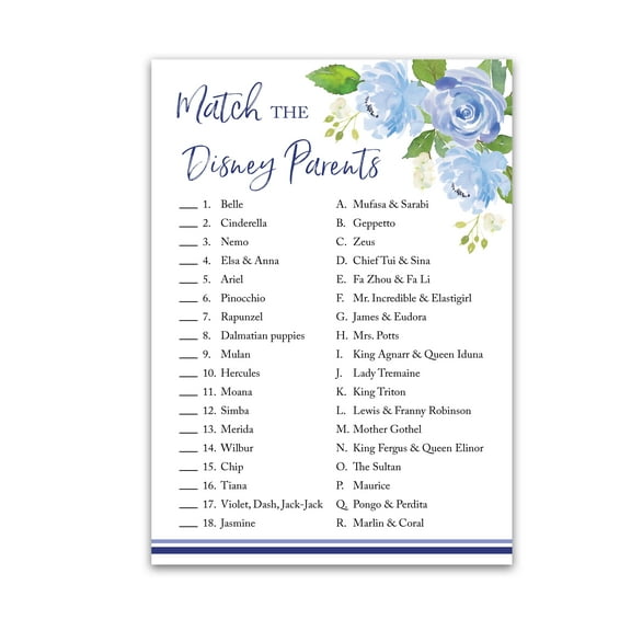 BOY Baby Shower Games — CARTOON PARENT MATCH Baby Shower Game — Pack of 25 — BLUE Floral Match Famous Parents Fun Shower Activity, Star Kids Match Game, G705-DPM