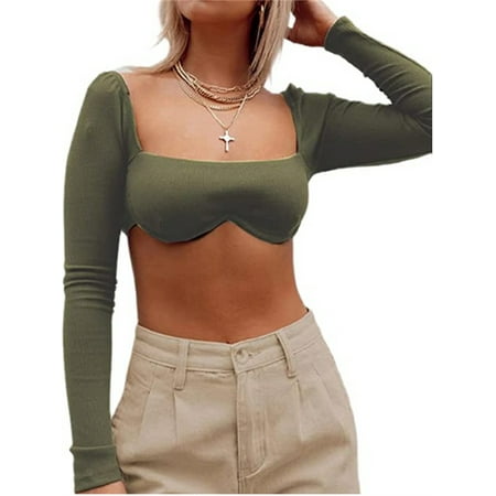

Xsylife Women s Rib Knit Crop Tops Long Sleeve Square Neck Solid Color Stretchy Bustier Cropped Shirt Blouse