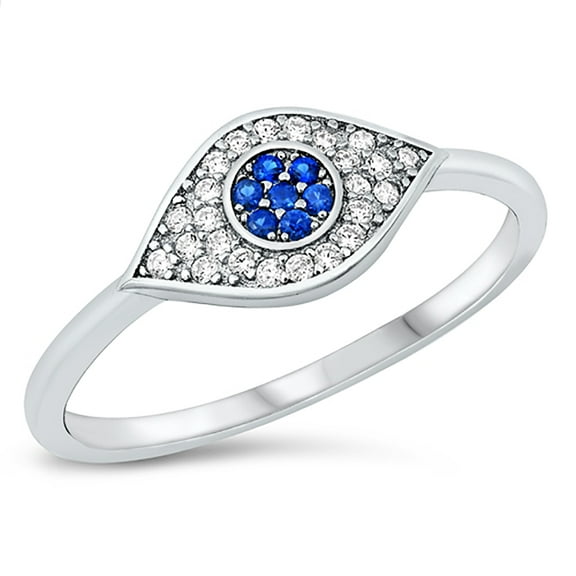 Blue and Clear Pave Set Cubic Zirconia Evil Eye Ring Sterling Silver Size 10