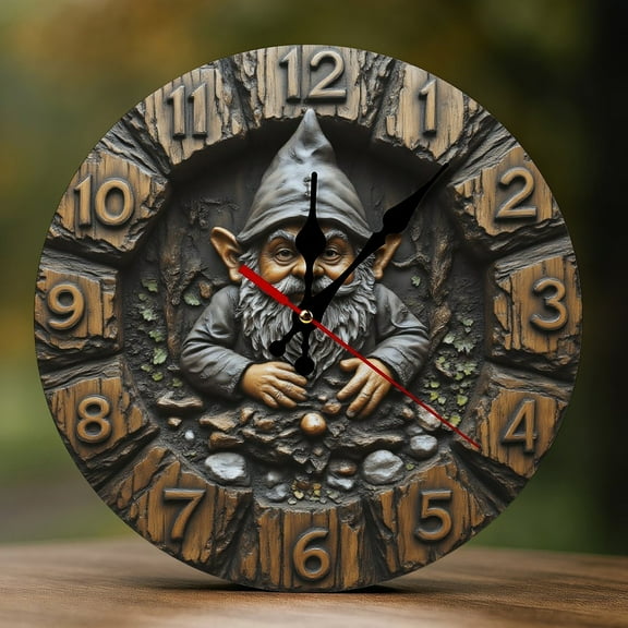 Wall Clock Decorative - Rustic Gnome Print 2D Vintage Wall Clocks Battery Operated Silent Non-Ticking for Bedroom, Living Room, Kitchen, Office, Classroom, 10 Inch