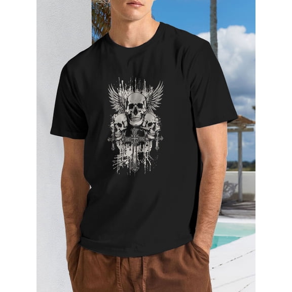 Men's Gothic Winged Skull Cross Graphic Dark Art T-Shirt