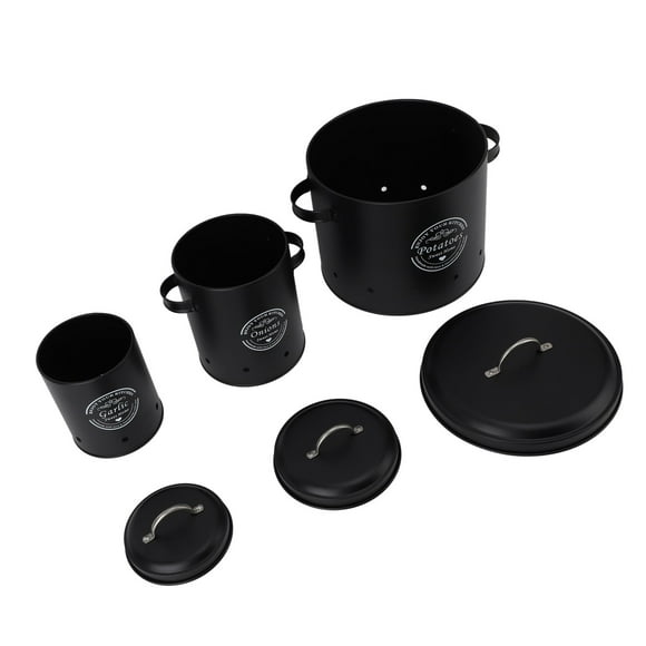 Potato Canisters, 3 Pack Farmhouse Onion Storage Bins Carbon Steel Garlic Containers for Countertop
