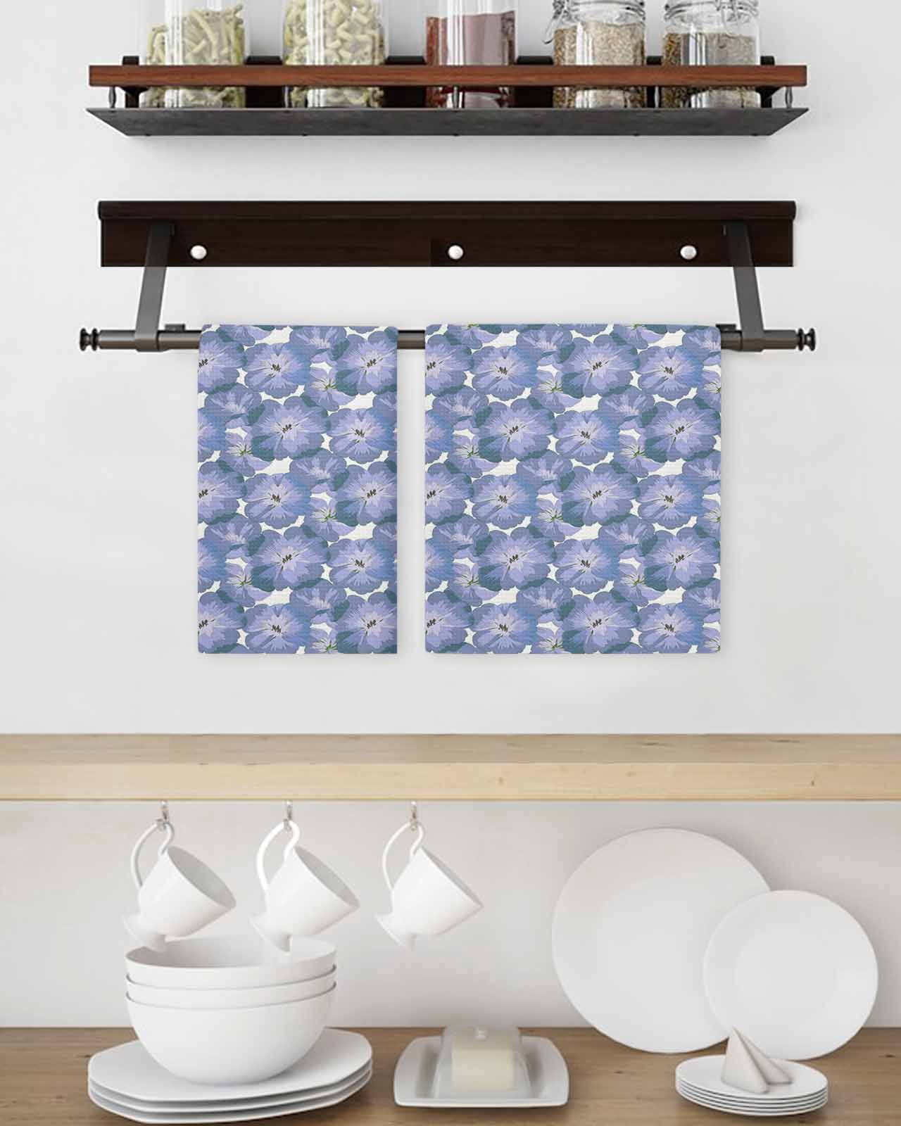 Purple Flower Kitchen Dish Towels for Drying Dishes Set of 3, Spring Floral Country Pastoral Garden Waffle Weave Microfiber Terry Hand Tea Bathroom Towels Quick Dry & Absorbent Towel 15.7x23.6