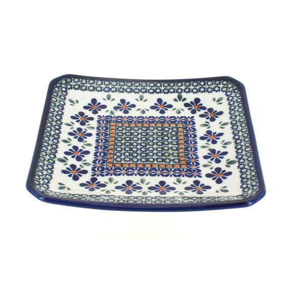 Blue Rose Polish Pottery Mosaic Flower Square Dessert Plate