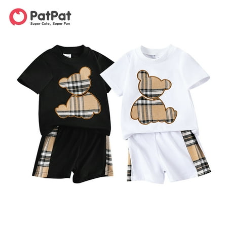 

PatPat 2pcs Baby Boy Plaid Bear Graphic Short-sleeve Tee & Shorts Set
