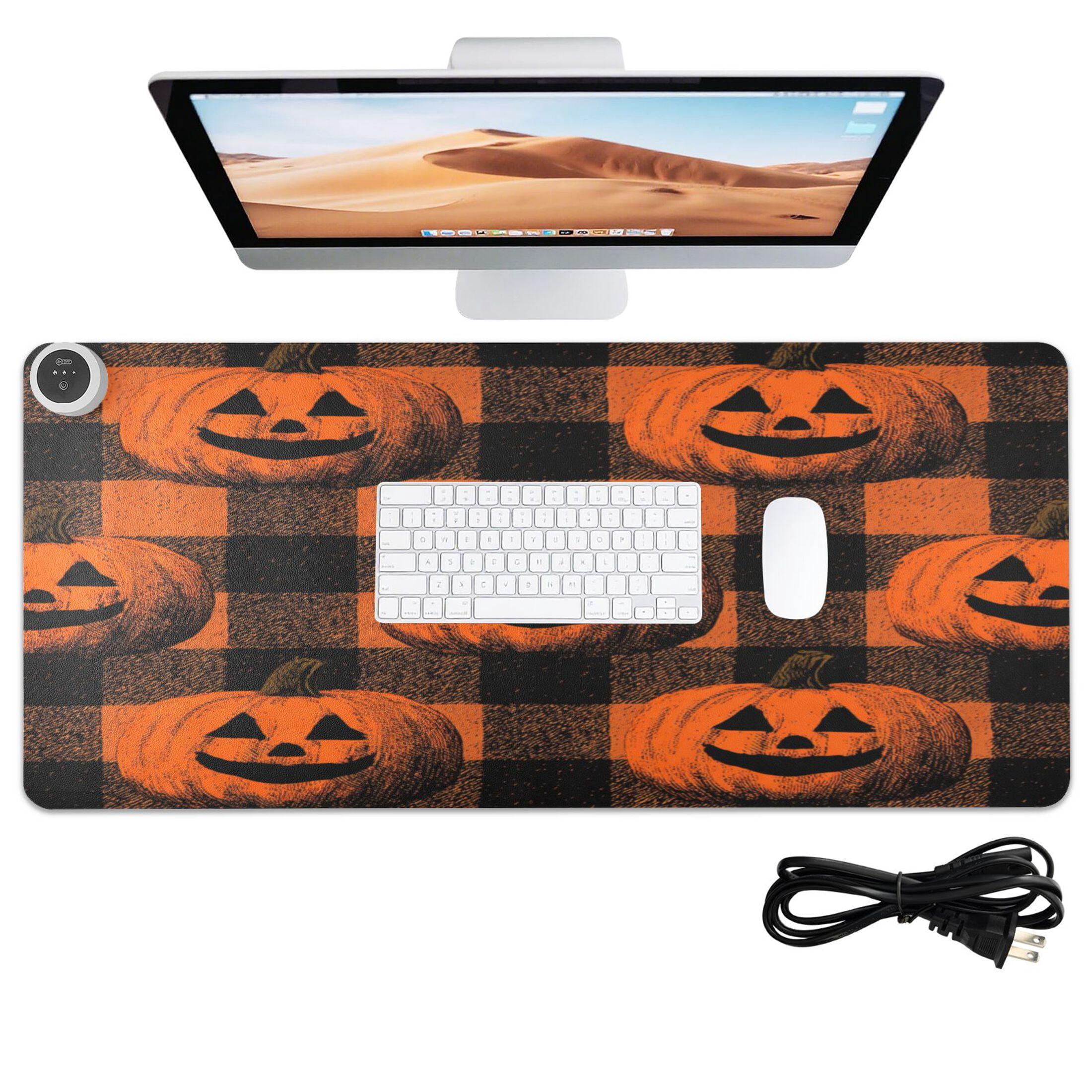 Large Heated Desk Mat Mouse Pad 31.5"x13"PU Leather Graphene Heating Desk Warmer with 3 Temperature Settings 110V US Plug Non-Slip Warm Pad for Home, Office, and Gaming Orange Striped Smiley Pumpkins